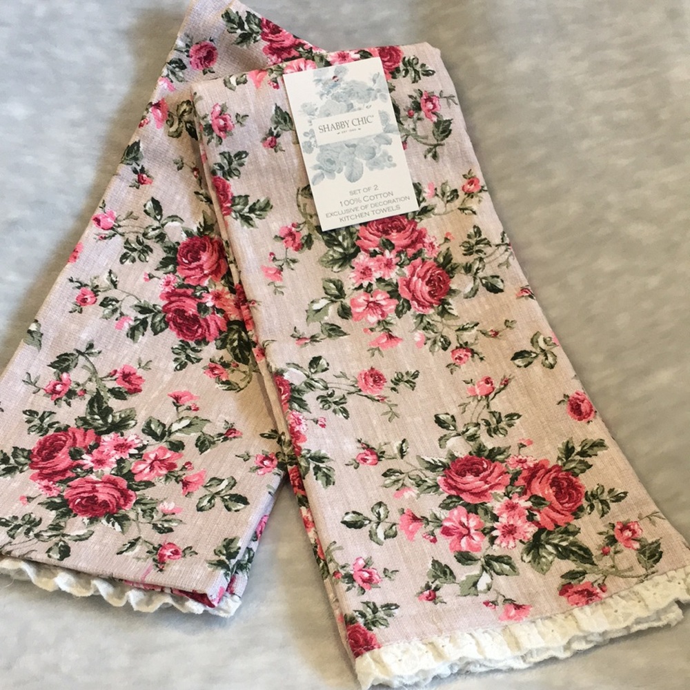 Shabby Chic Rose Garden Eyelette Lace Trimmed Farmhouse Kitchen Towels CottonNWT